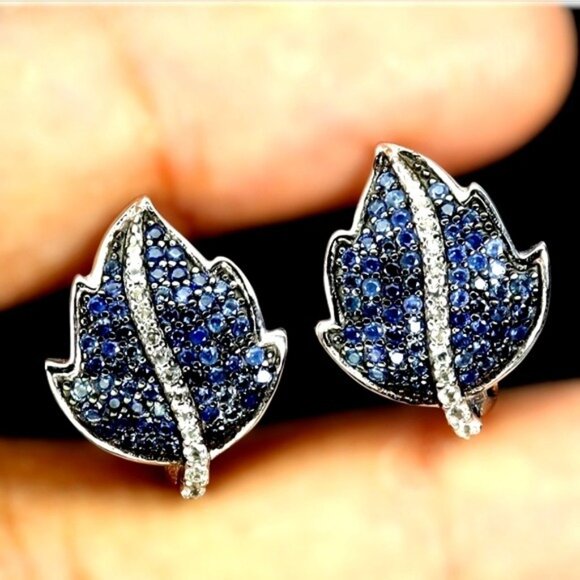 925 Sterling Silver Earrings with Natural Blue Sapphire & White Topaz - Picture 2 of 4